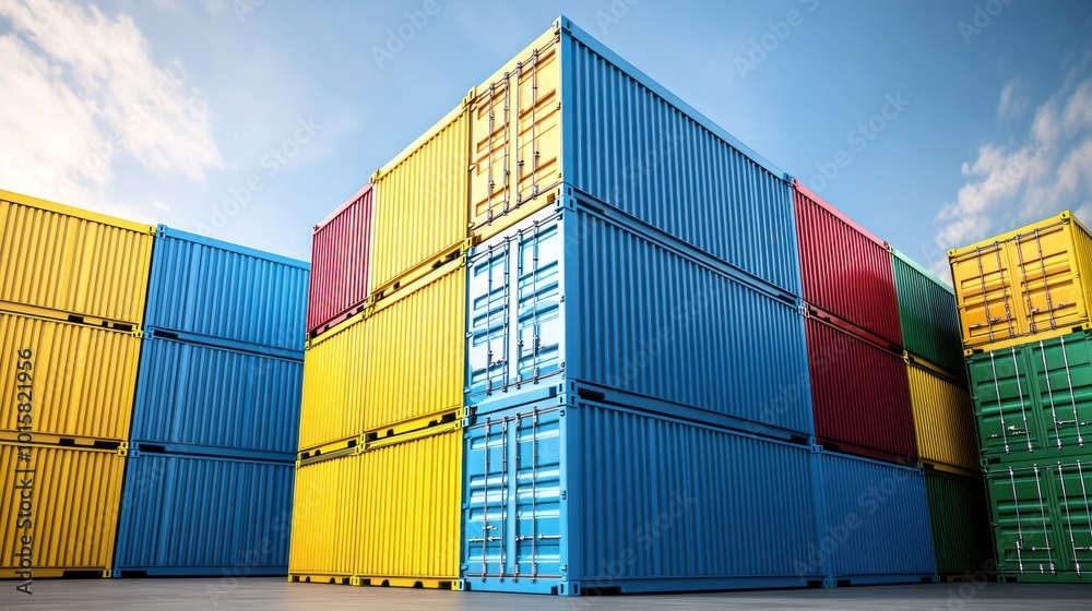 Fototapeta premium Colorful Shipping Containers Stacked Outdoors