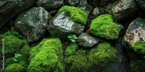 A bunch of rocks with green moss growing on them