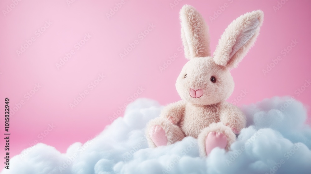 Cute Plush Bunny Sitting on Cloud Background Cute Plush Bunny Sitting on Cloud Background