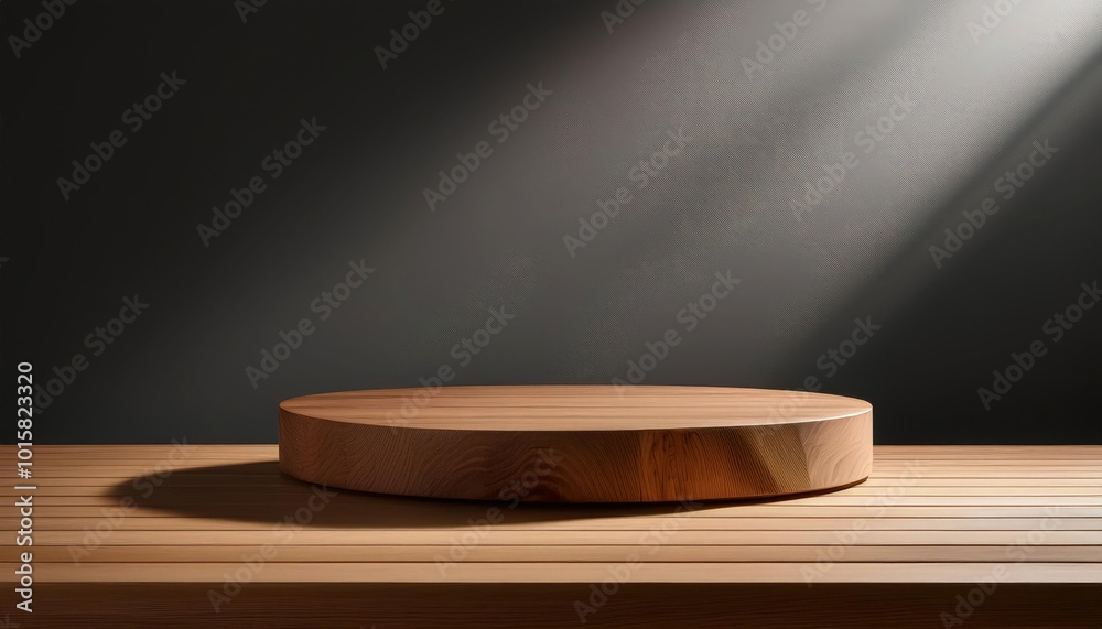 Wooden podium against deep gray background with soft warm lighting and minimalist aesthetic. Wooden podium against deep gray background with soft warm lighting and minimalist aesthetic.