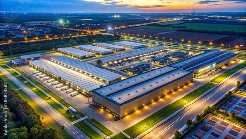 Night aerial view of a warehouse of goods for online stores. Logistic center in the industrial area of the city from above.