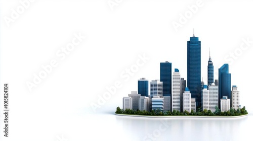 A photostock images of a luxury modern skyscraper towering over the city skyline during sunset on a clean white background High Quality