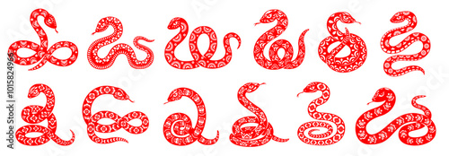 Snake reptiles set for Chinese lunar New Year holiday, vector Asian dragon icons. Chinese lunar New Year or zodiac red snake with ornament patterns for Oriental dragons festival and tattoo symbols