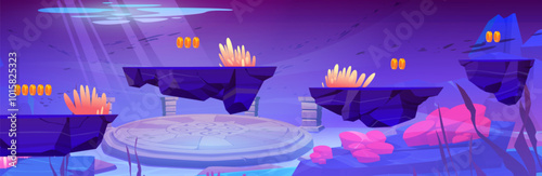 Arcade game ui level design with jump and run floating platform with golden coins to collect underwater. Cartoon sea or ocean bottom with sunken ancient city ruins with old temple platform and columns