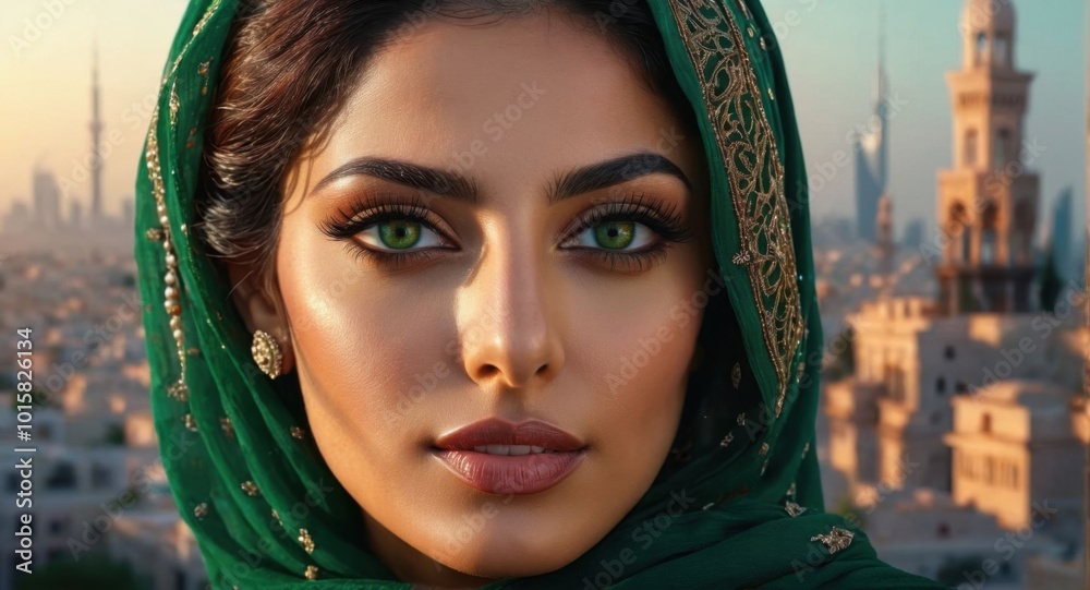 Hyperrealistic portrait of an elegant Middle Eastern woman, perfect skin, green eyes Hyperrealistic portrait of an elegant Middle Eastern woman, perfect skin, green eyes