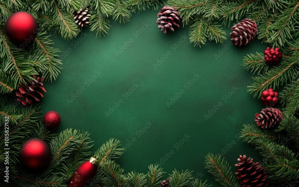 Festive Green Christmas Background with Red Ornaments Festive Green Christmas Background with Red Ornaments