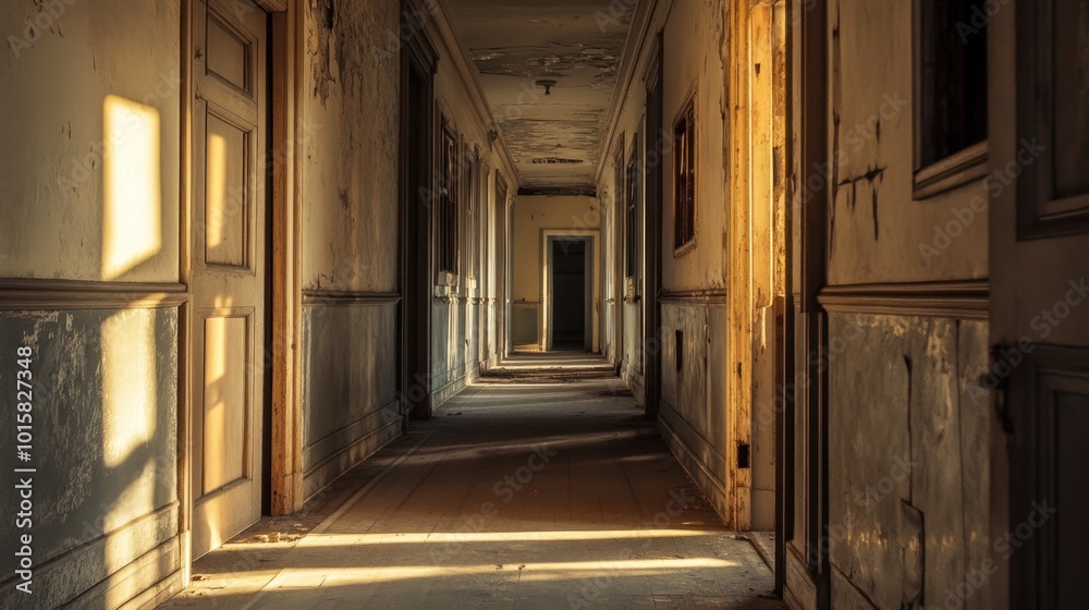 Sunlit Hallway in an Abandoned Building Sunlit Hallway in an Abandoned Building