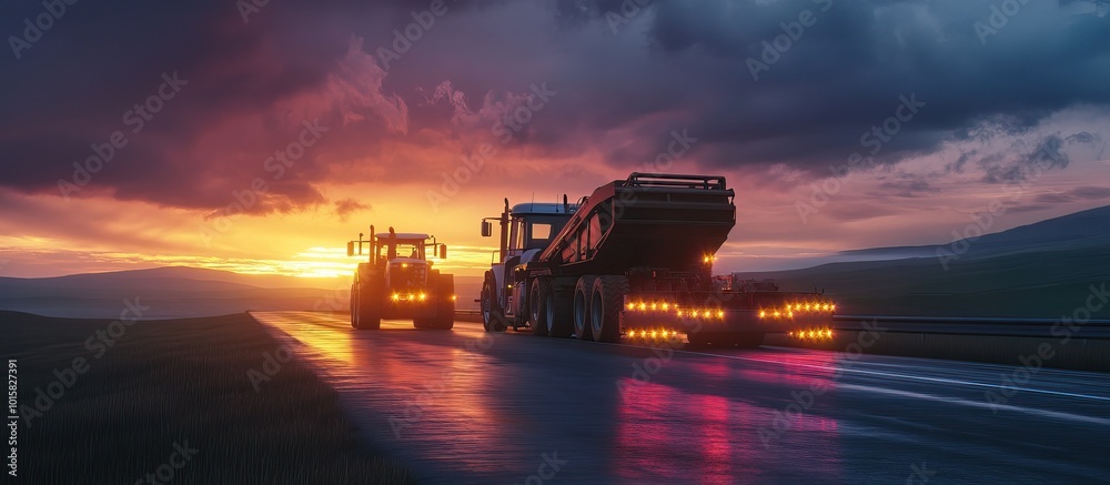 Fototapeta premium Trucks on a Rural Road at Sunset
