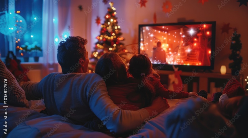 A family gathered around the TV at home, watching the New Year countdown with excitement, surrounded by holiday decorations A family gathered around the TV at home, watching the New Year countdown with excitement, surrounded by holiday decorations