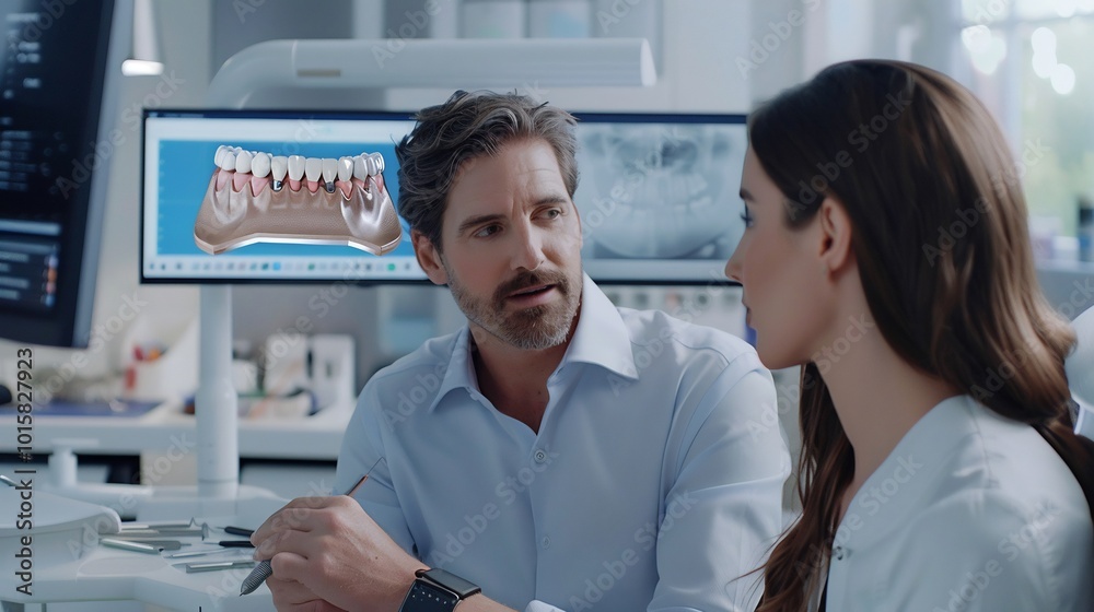 Dentist using a 3D model to explain a root canal to a patient Dentist using a 3D model to explain a root canal to a patient