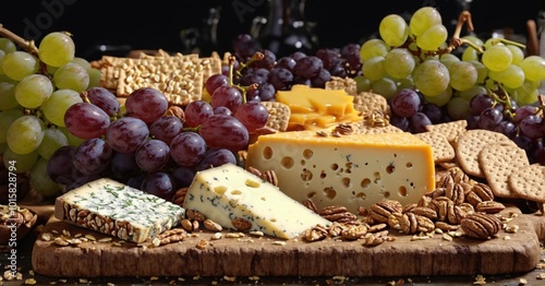 Gourmet cheeseboard with assorted cheeses, grapes, nuts, crackers, honey drizzle