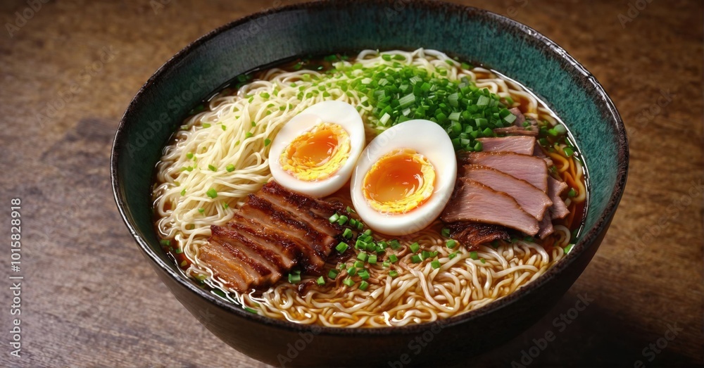 Bowl of ramen with soft-boiled egg, noodles, pork belly Bowl of ramen with soft-boiled egg, noodles, pork belly