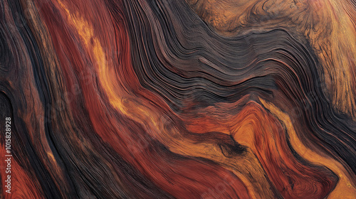 Close-up of rosewood texture, displaying rich, dark brown and red hues with complex swirling grain patterns. 