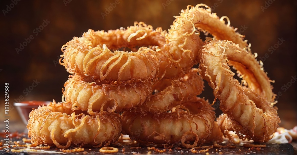 Stack of crispy onion rings with dipping sauce, vibrant colors