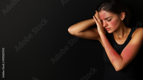 A woman scratches a red rash on her arm, caused by an allergic reaction. The inflamed, itchy area contrasts with her healthy skin, and her face shows frustration at the persistent