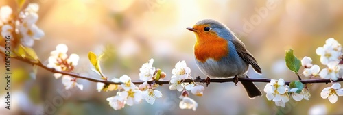 Adorable little robin in springtime perched on a berry branch.