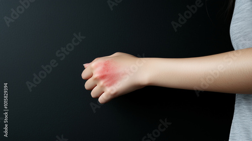 A close-up shot of a womanÃ¢ÂÂs hand scratching her forearm, which is covered in a red, swollen rash from an insect bite. The skin shows clear signs of inflammation, highlighting the