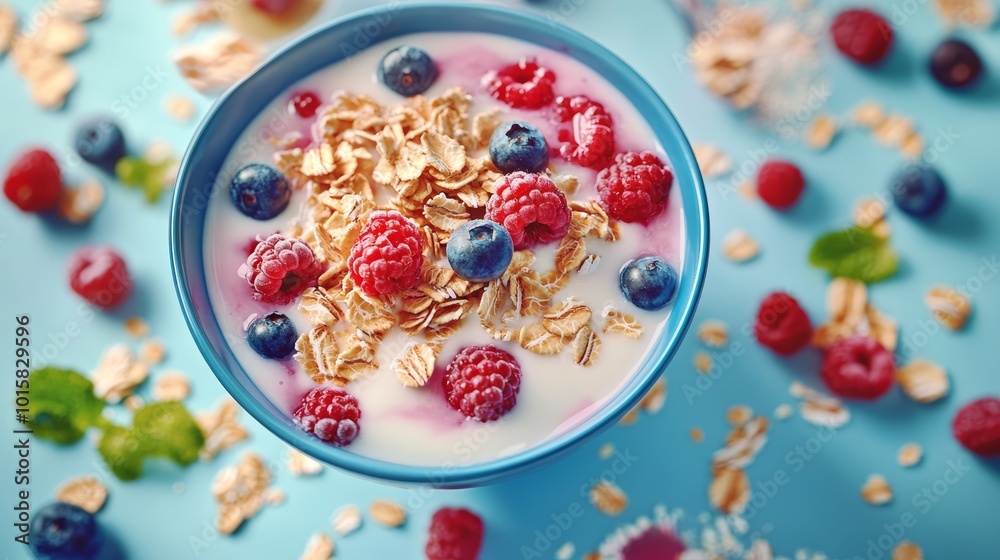 Bowl of oat flakes with milk and berries. Top view Bowl of oat flakes with milk and berries. Top view