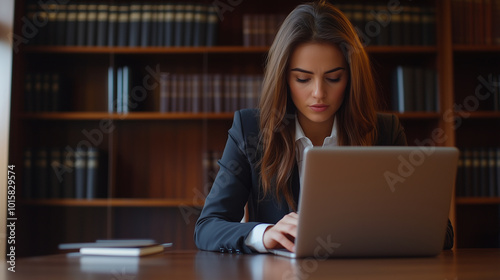 A confident business lawyer woman, dressed in a formal suit, sits at a polished wooden desk, typing on her laptop in a sleek legal office. Legal books and documents are neatly arra