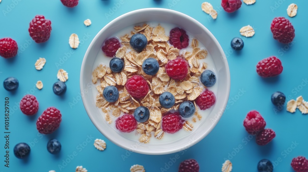Bowl of oat flakes with milk and berries. Top view Bowl of oat flakes with milk and berries. Top view