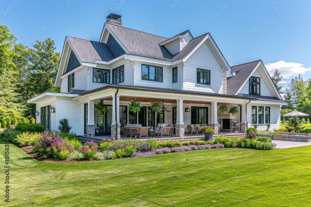 Charming modern farmhouse with a garage and front porch, featuring a backyard patio with an umbrella over a fire pit, surrounded by landscaped gardens and a sunny blue sky. Charming modern farmhouse with a garage and front porch, featuring a backyard patio with an umbrella over a fire pit, surrounded by landscaped gardens and a sunny blue sky.