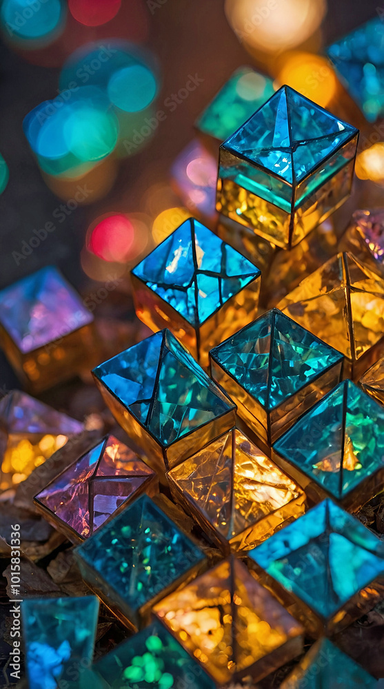 Fototapeta premium Cluster of Colorful Geometric Glass Prisms Illuminated by Warm and Cool Light Sources Creating a Vibrant Abstract Composition with Bokeh Effects