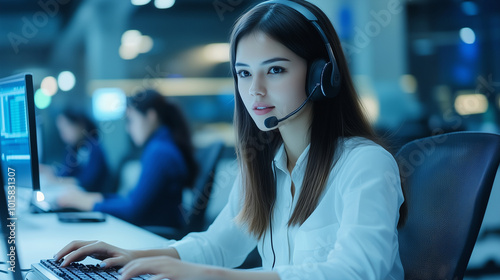 A young woman technical support agent, typing on her keyboard while discussing a solution with a customer through her headset. Her office is sleek and modern, with colleagues worki photo