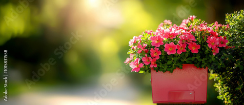 Vibrant pink flowers bloom in a red planter, surrounded by lush greenery, capturing the essence of spring and nature's beauty.