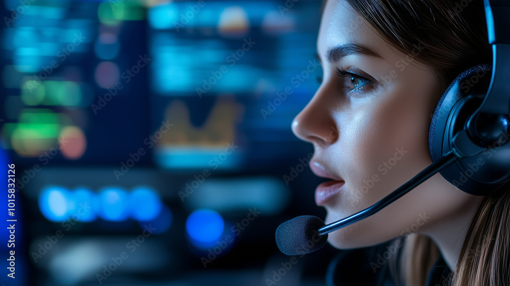 A detailed close-up of a young female dispatcher, speaking confidently into her headset microphone, with the sharp contrast of her focused expression against the backdrop of a blur A detailed close-up of a young female dispatcher, speaking confidently into her headset microphone, with the sharp contrast of her focused expression against the backdrop of a blur