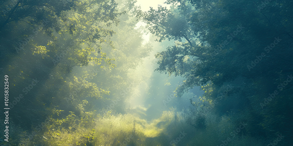 Fototapeta premium Anime cartoon style woodland forest background banner, green trees backdrop wallpaper