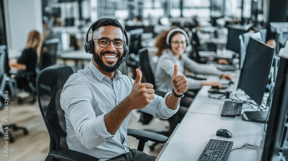 A dynamic image of a multi-ethnic team of technical support professionals, smiling broadly with thumbs up while working in a modern call center office, each wearing headsets in fro A dynamic image of a multi-ethnic team of technical support professionals, smiling broadly with thumbs up while working in a modern call center office, each wearing headsets in fro