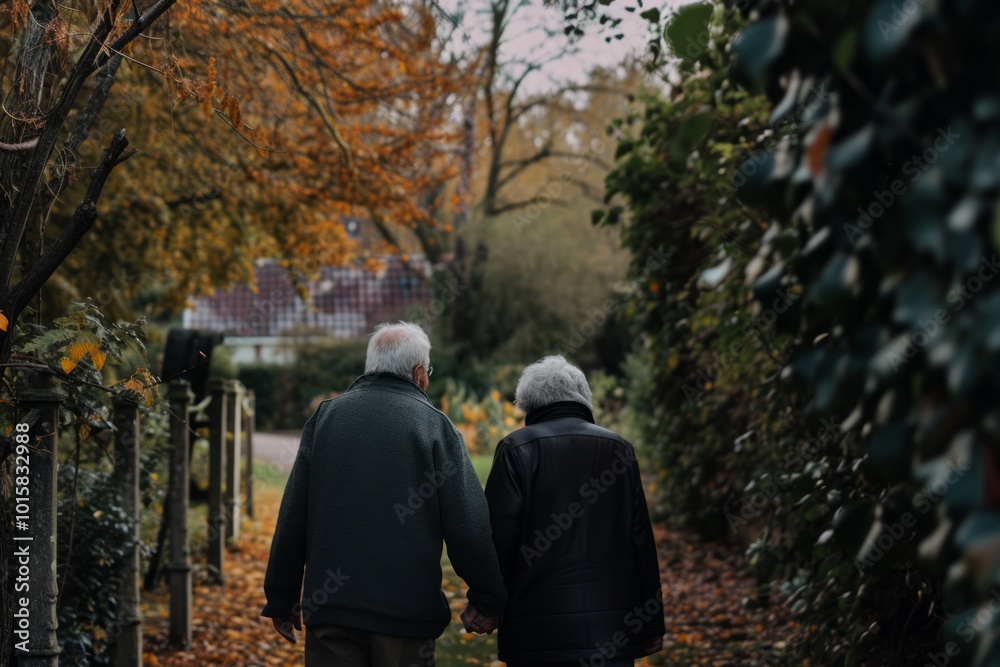 Back view of senior couple walking in autumn park. Retired couple holding hands. Back view of senior couple walking in autumn park. Retired couple holding hands.