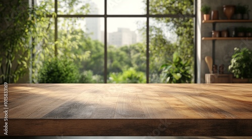 Empty, beautiful wooden tabletop counter on an interior background with copy space, overlooking natural light. 