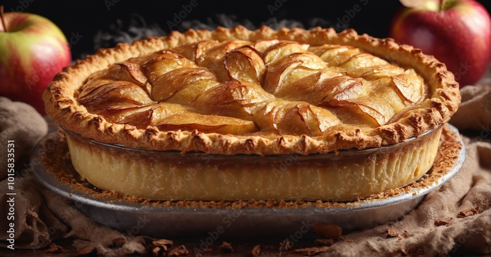 Freshly baked pie with a golden crust, warm apple filling Freshly baked pie with a golden crust, warm apple filling
