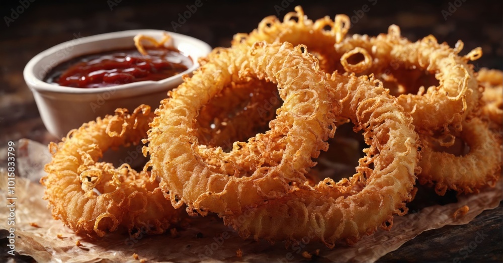 Crispy onion rings served with dipping sauce, vibrant colors Crispy onion rings served with dipping sauce, vibrant colors
