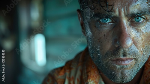 Intense Portrait of a Man with Wet Skin and a Determined Gaze