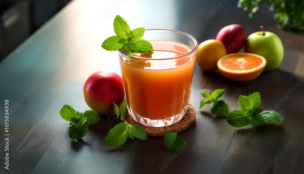 glass of fresh juice placed on a table, surrounded by fresh fruits and mint leaves glass of fresh juice placed on a table, surrounded by fresh fruits and mint leaves