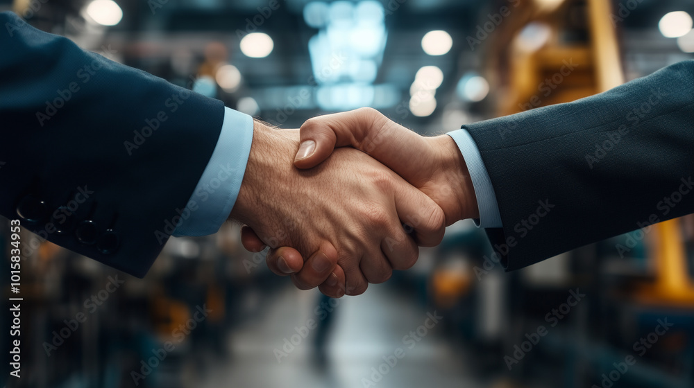 A firm handshake between two men in a manufacturing plant, with industrial machinery and factory workers in the background, representing an industrial or manufacturing deal. A firm handshake between two men in a manufacturing plant, with industrial machinery and factory workers in the background, representing an industrial or manufacturing deal.
