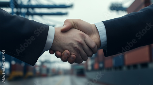 A handshake in front of an international cargo ship at the docks, with containers in the background, symbolizing a global trade or shipping agreement.