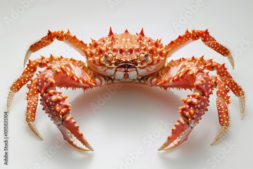 Sichuan King puff crab featuring bright orange-red color and spiny claws, photographed against a white background without shadows.