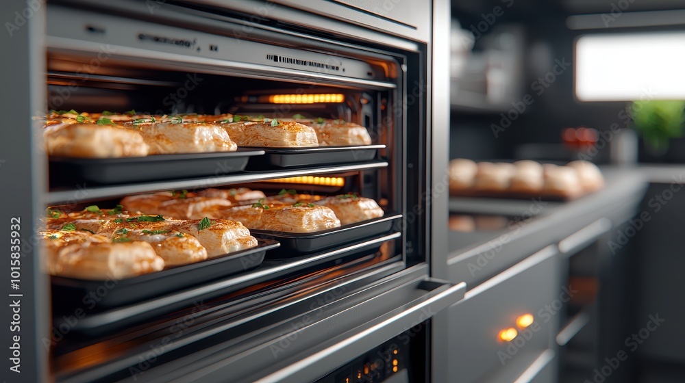 An oven with baked dishes on two racks, illuminated from within, showcasing deliciously prepared food in a modern kitchen setting. An oven with baked dishes on two racks, illuminated from within, showcasing deliciously prepared food in a modern kitchen setting.