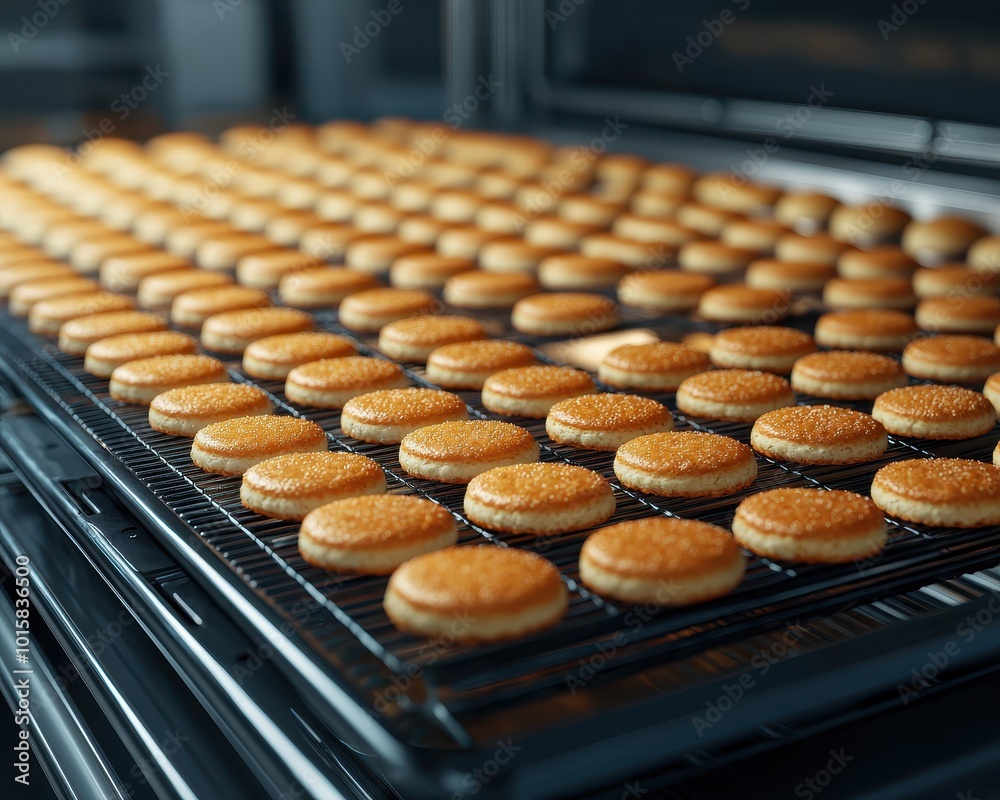 Rows of freshly baked cookies cooling in an industrial oven, showcasing their golden brown color and inviting texture. Rows of freshly baked cookies cooling in an industrial oven, showcasing their golden brown color and inviting texture.