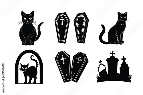 "Halloween Vector Bundle: Gravestones, Coffins, Cat Silhouettes & Spooky Designs"