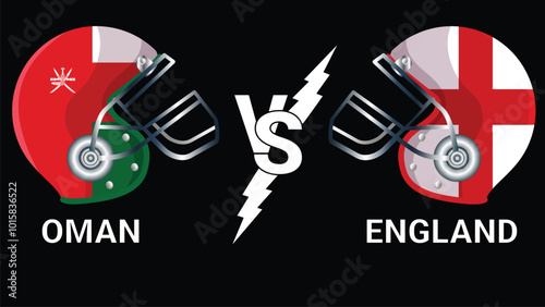Oman Vs England 3D Illustration vector flags over cricket Helmet for Versus Match with Black Background