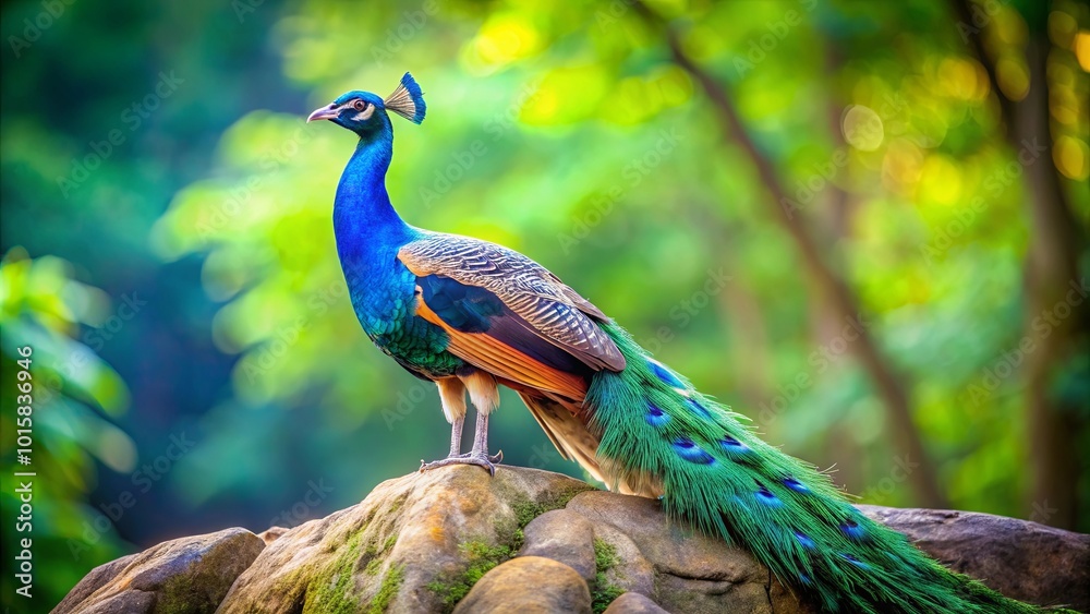 A Regal Peacock Perched on a Moss-Covered Rock, Its Vivid Blue and Green Plumage Gleaming Against a Soft Green Foliage Background. A Regal Peacock Perched on a Moss-Covered Rock, Its Vivid Blue and Green Plumage Gleaming Against a Soft Green Foliage Background.