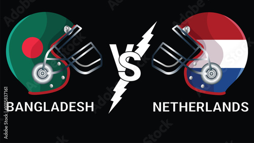 Bangladesh Vs Netherlands 3D Illustration vector flags over cricket Helmet for Versus Match with Black Background