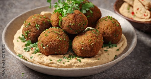 Crispy falafel balls with hummus and pita bread, vibrant colors