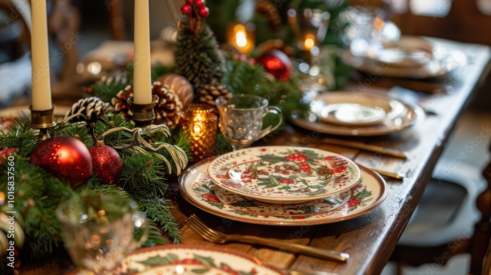 A festive holiday table set for a Christmas and New Year dinner, with candles, decorative plates, and a centerpiece featuring holiday greenery and ornaments A festive holiday table set for a Christmas and New Year dinner, with candles, decorative plates, and a centerpiece featuring holiday greenery and ornaments