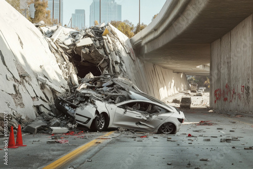 Car wreck during earthquake. Earthquake damage on freeway with car crash. Earthquake destruction, multiple cars in a wreck. photo