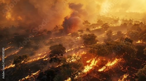 A forest fire raging through a dry landscape, with smoke and flames consuming trees, illustrating the increasing frequency of wildfires due to climate change